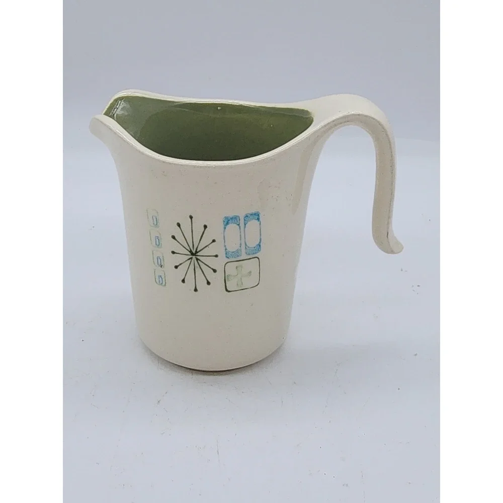 Vintage Mid Century Modern Atomic Starburst Ceramic Pitcher Cream Green MCM